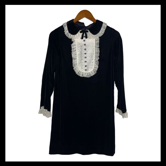 Vintage Black Velvet Mini Dress Lace Bib Peter Pan Collar Gothic Mod 60s Style - Picture 1 of 13